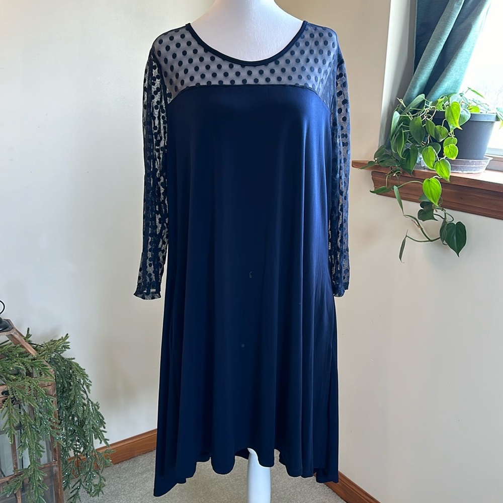 XL NWT Navy High Low Polka Dot Mesh Stretchy Nina Lenard Dress